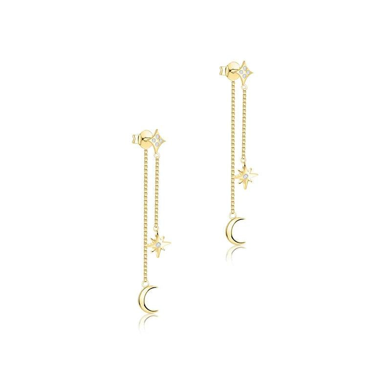 925 Silver Star Moon Pendant Chain Earrings Zircon Jewelry