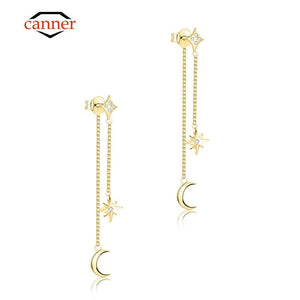 925 Silver Star Moon Pendant Chain Earrings Zircon Jewelry