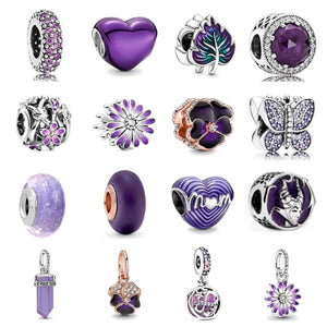 925 Sterling Silver Purple Flower Daisy Glass Bead Charm Clip Fit Bracelet