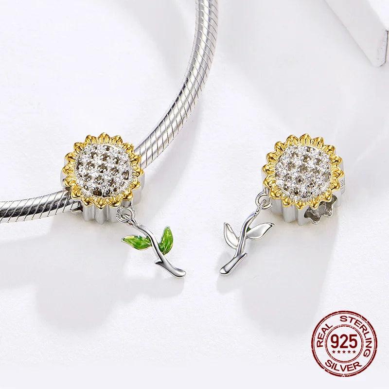 Sunflower Charm Bangle Bracelet DIY Jewelry 925 Sterling Silver Pendant
