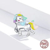925 Silver Rainbow Pony Charm Bangle Bracelet Bead Jewelry DIY