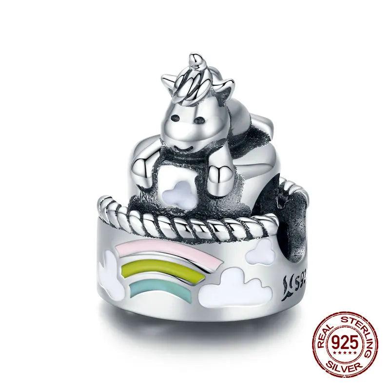 925 Sterling Silver Unicorn Cake Charm Bangle Bracelet