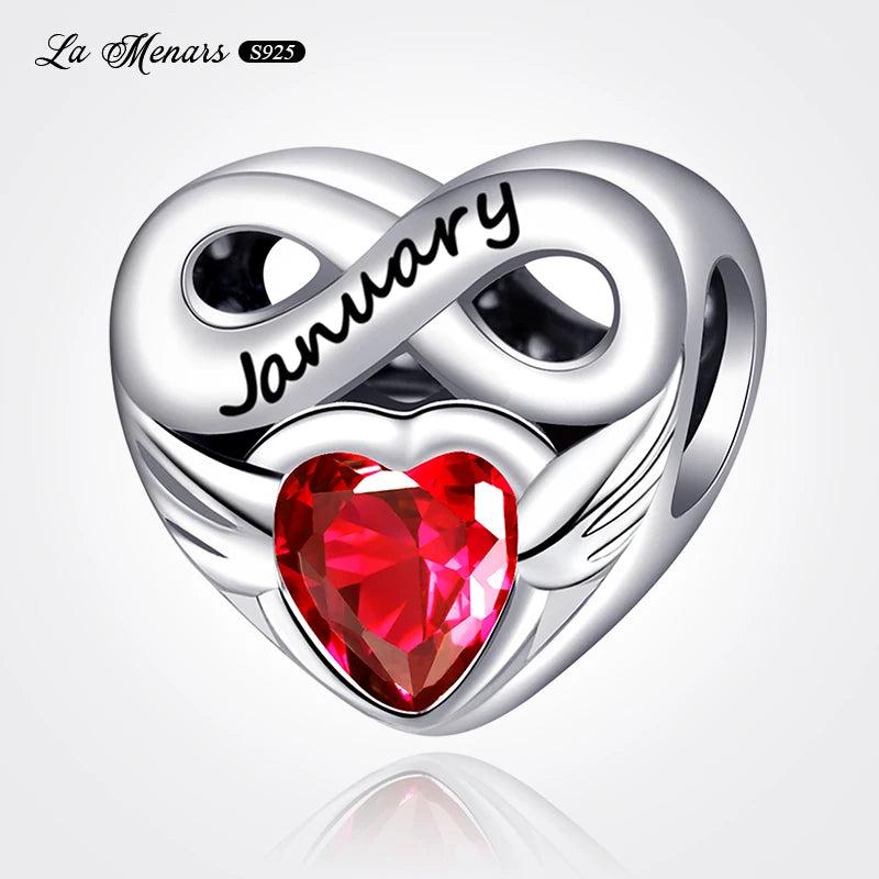 Silver Plating Birthstone Wings Heart Bead Charm DIY Jewelry