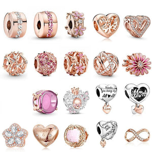Cherry Flower Bead Charms Zircon Silver Plating Fit Charm Bracelet for Women
