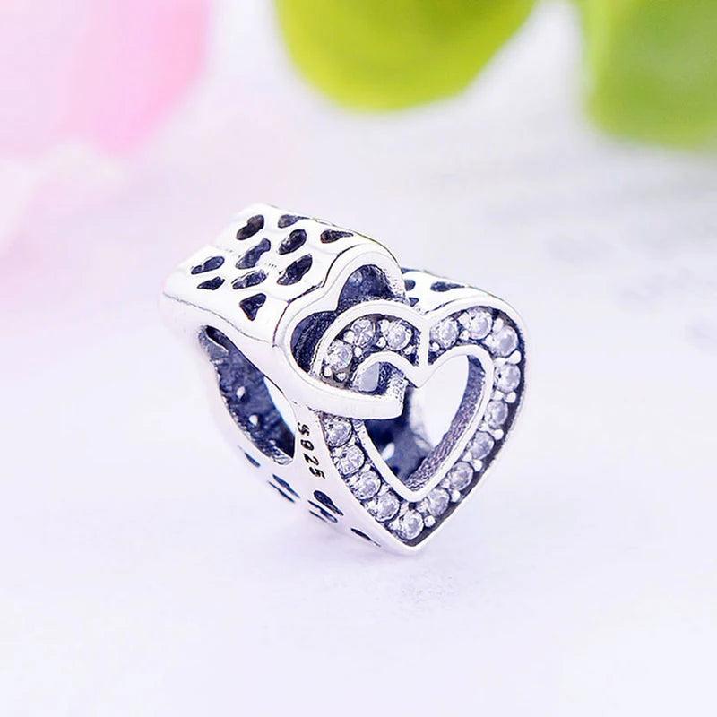 925 Silver Heart Zirconia Bead Charm Bracelet for Women