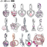 925 Silver Pink Series Charm Women Bracelet Paw Print Zircon Glaze Charm
