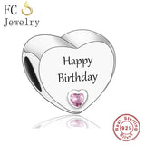 Real 925 Silver Pan Charms Bracelet Happy Birthday Pink Zircon Beads