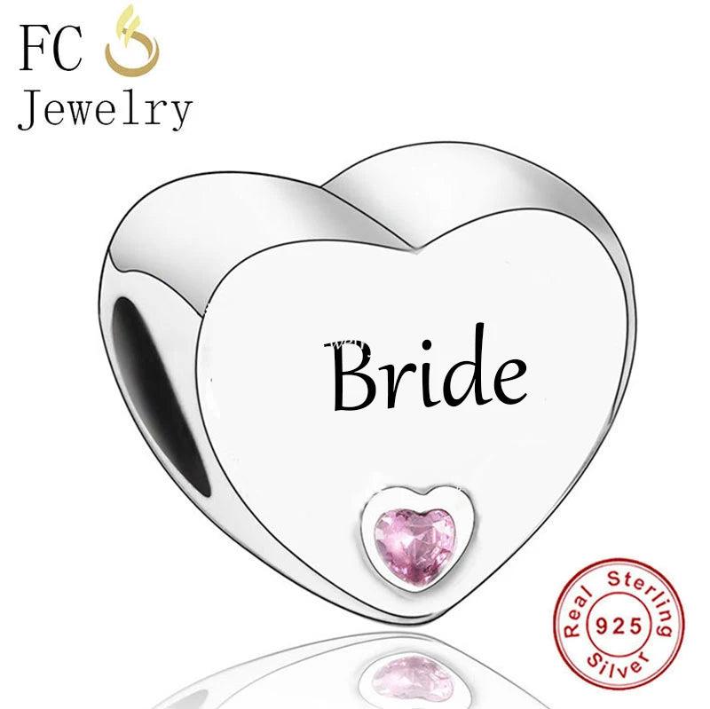 925 Silver Charms Bracelet Pink Zirconia Beads Wedding Berloque