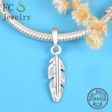 925 Sterling Silver Leaf Feather Bead for Women Berloque