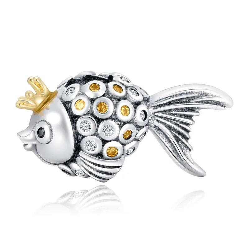 925 Sterling Silver Fish Charm Beads Crown Women Gift DIY Bracelet Making