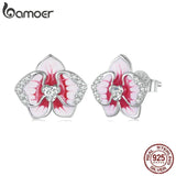 925 Silver Pink Butterfly Orchid Stud Earrings Enamel Flower Jewelry