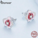 925 Silver Pink Butterfly Orchid Stud Earrings Enamel Flower Jewelry