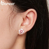 925 Silver Pink Butterfly Orchid Stud Earrings Enamel Flower Jewelry