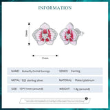 925 Silver Pink Butterfly Orchid Stud Earrings Enamel Flower Jewelry