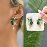 Vintage Green Rhinestone Wings Earrings Geometric Piercing French Jewelry