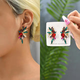 Vintage Green Rhinestone Wings Earrings Geometric Piercing French Jewelry