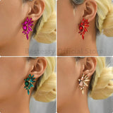 Vintage Green Rhinestone Wings Earrings Geometric Piercing French Jewelry