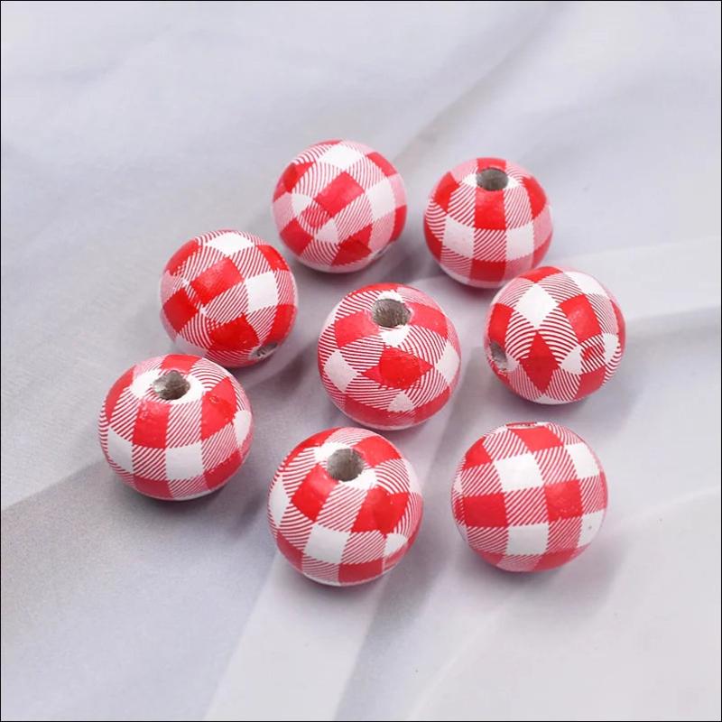 20pcs Red Wooden Colorful Grid Beads DIY Natural Wood Beaded