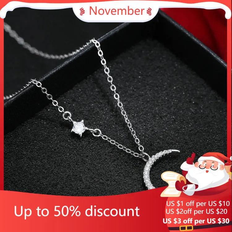 925 Silver Star & Crescent Necklace Women's Jewelry