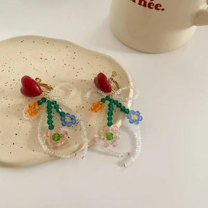 Hand Woven Flower Clip Earrings Red Green Beads Braided Flower Shape