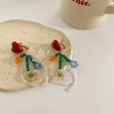Hand Woven Flower Clip Earrings Red Green Beads Braided Flower Shape