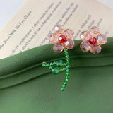 Hand Woven Flower Clip Earrings Red Green Beads Braided Flower Shape