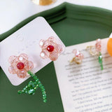 Hand Woven Flower Clip Earrings Red Green Beads Braided Flower Shape