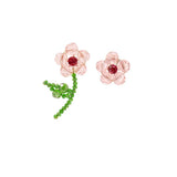 Hand Woven Flower Clip Earrings Red Green Beads Braided Flower Shape