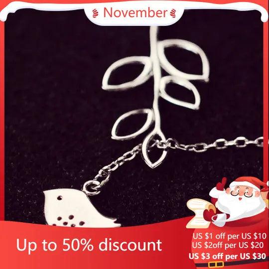 925 Silver Bird Branches Necklace Pendant Women Lady Gift