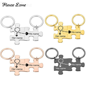 Personalized Couple Keychain Engraved Puzzle Name Gift Husband Wife Idea