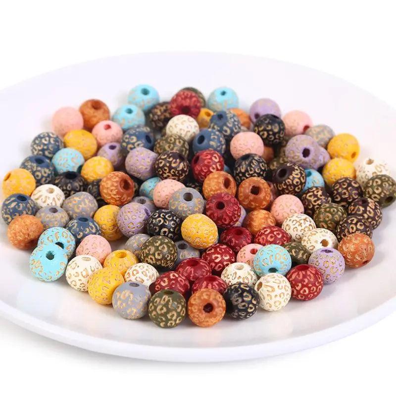 20Pcs Colorful Stripes Carved Wooden Beads DIY Crafts Jewelry Accessories