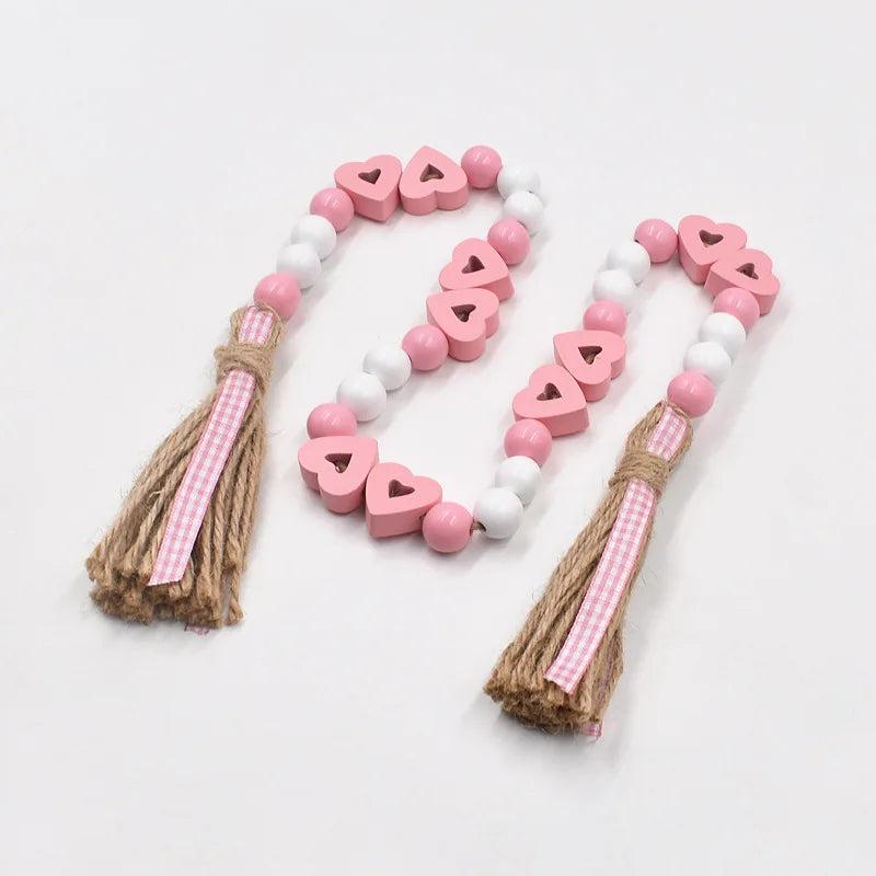 Hemp Rope Tassels Wood Bead String Pink Heart-Shaped Wooden Beads