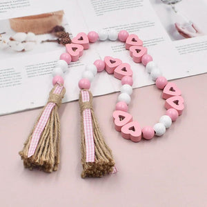 Hemp Rope Tassels Wood Bead String Pink Heart-Shaped Wooden Beads