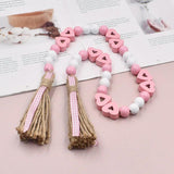 Hemp Rope Tassels Wood Bead String Pink Heart-Shaped Wooden Beads