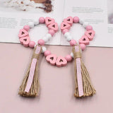 Hemp Rope Tassels Wood Bead String Pink Heart-Shaped Wooden Beads