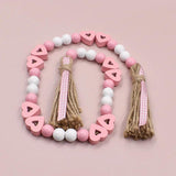 Hemp Rope Tassels Wood Bead String Pink Heart-Shaped Wooden Beads