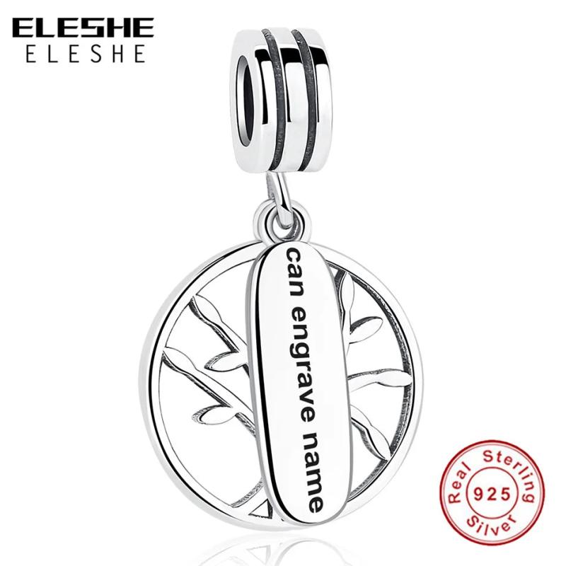 925 Silver Family Tree Dangle Charm Engrave Name Bead Bracelet DIY