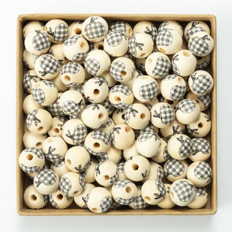 20Pcs Halloween Wooden Beads Colorful Lattice Hemp Rope Tassel DIY Loose Beads