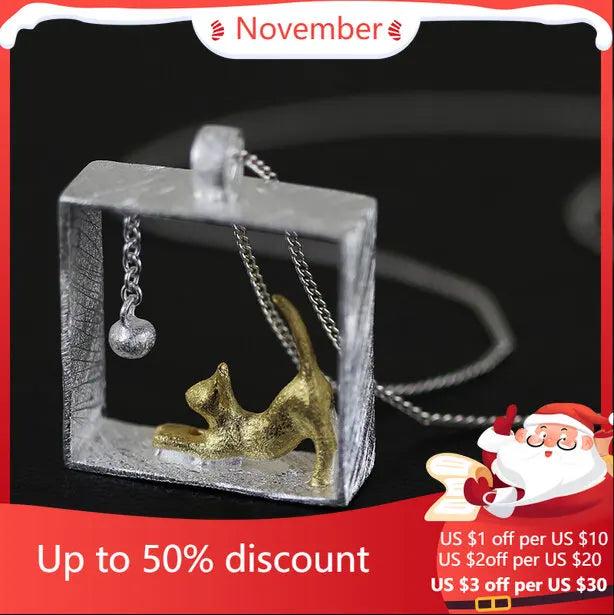 925 Silver Square Cat Necklace For Women