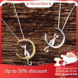 925 Silver moon cat Pendant Necklace for Women