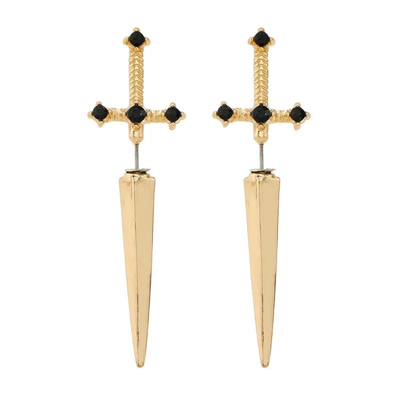 Gothic Kinitial Sword Earrings for Women Vintage Punk Crystal Ear Jacket