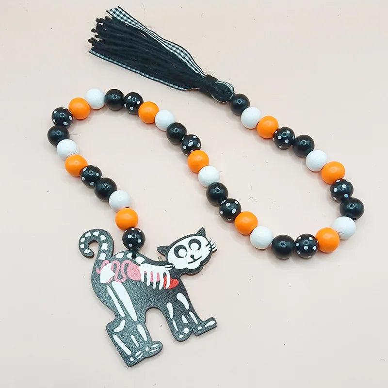 Halloween Wooden Bead Wreath Kitten Pendant Beaded With Tassel