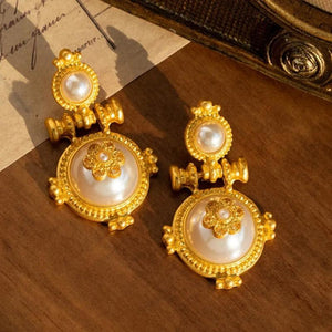 Vintage Geometric Pearl Metal Large Stud Earrings for Women