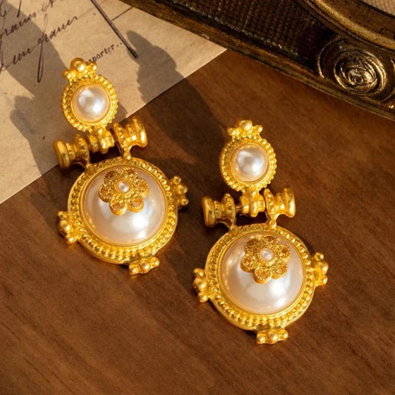 Vintage Geometric Pearl Metal Large Stud Earrings for Women