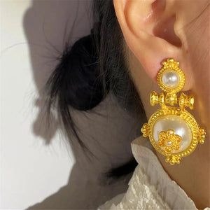 Vintage Geometric Pearl Metal Large Stud Earrings for Women