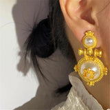 Vintage Geometric Pearl Metal Large Stud Earrings for Women