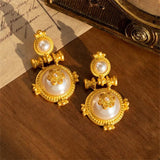 Vintage Geometric Pearl Metal Large Stud Earrings for Women