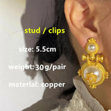 Vintage Geometric Pearl Metal Large Stud Earrings for Women