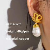 Vintage Geometric Pearl Metal Large Stud Earrings for Women
