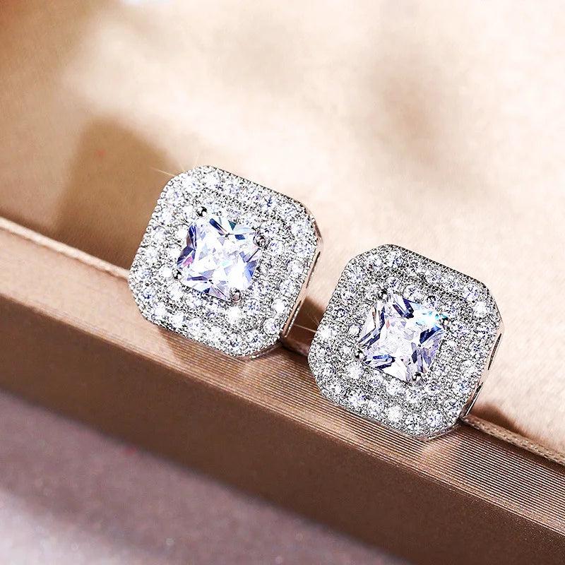 925 Silver Needle Stud Earrings Cubic Zirconia Bridal Wedding Brincos